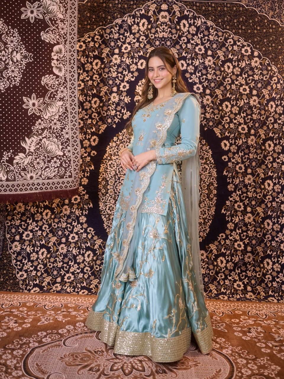 Rangmahi Japan Satin Embroidered Lehenga with Top & Dupatta