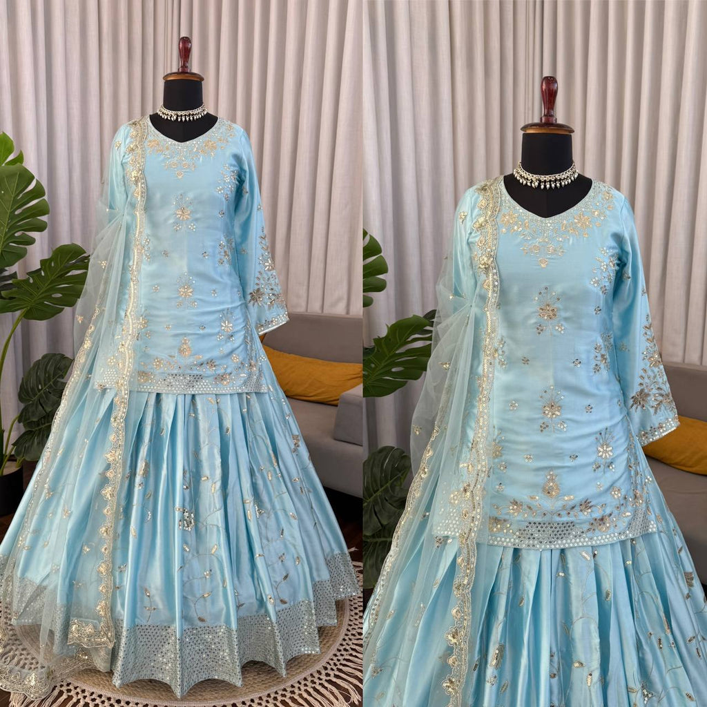 Rangmahi Japan Satin Embroidered Lehenga with Top & Dupatta