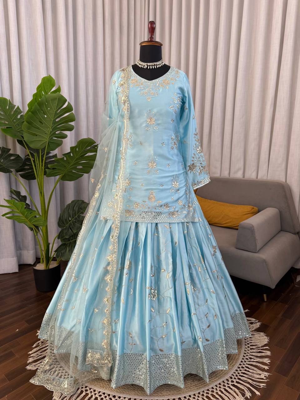 Rangmahi Japan Satin Embroidered Lehenga with Top & Dupatta