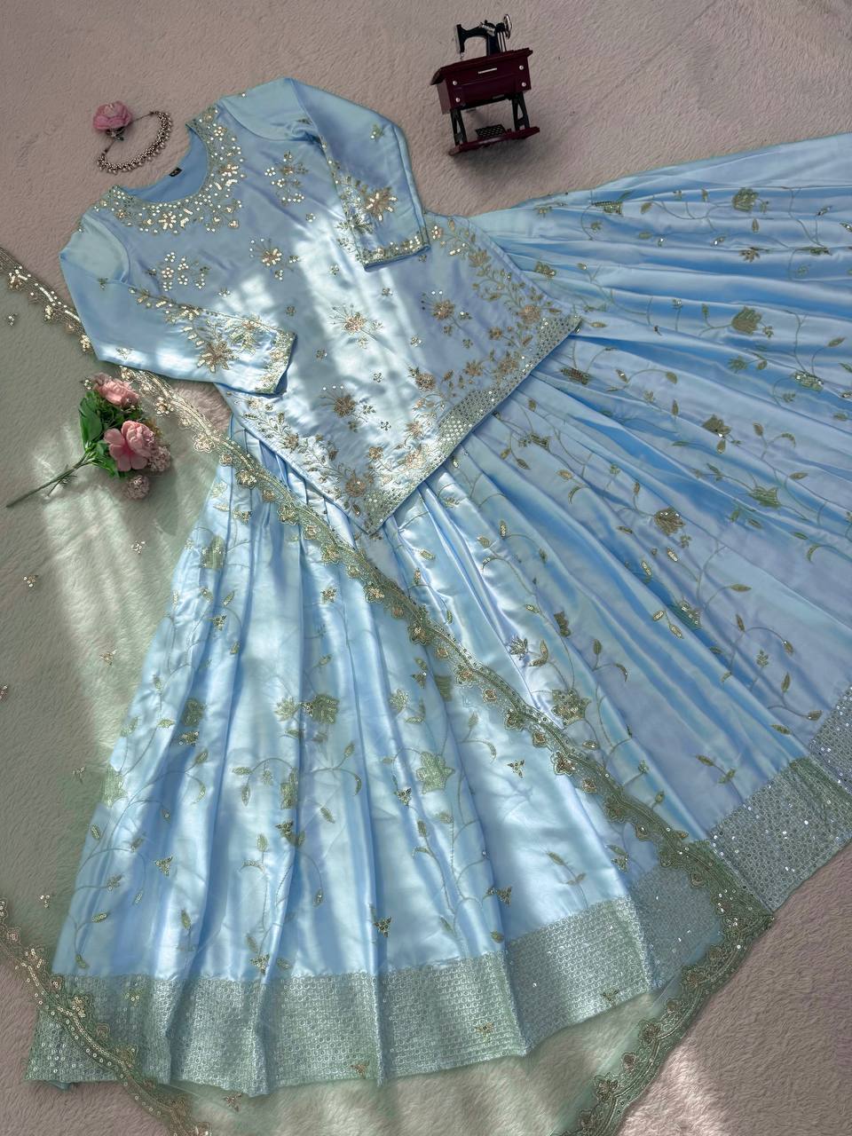 Rangmahi Japan Satin Embroidered Lehenga with Top & Dupatta