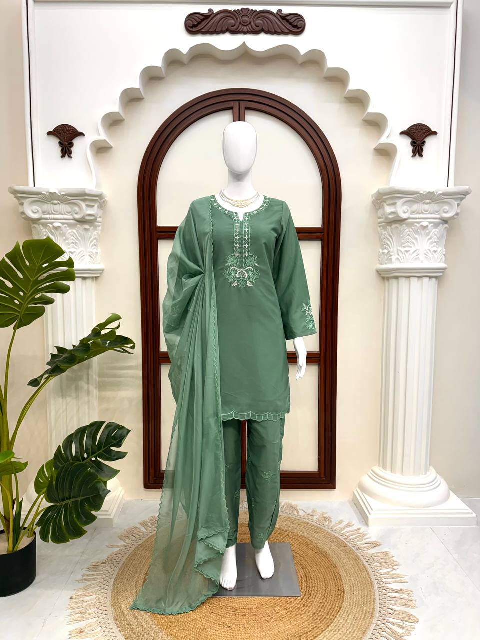 Anvika Royale American Silk Thread Embroidered Suit Set with Pant & Tibby Silk Cutwork Dupatta