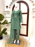 Anvika Royale American Silk Thread Embroidered Suit Set with Pant & Tibby Silk Cutwork Dupatta