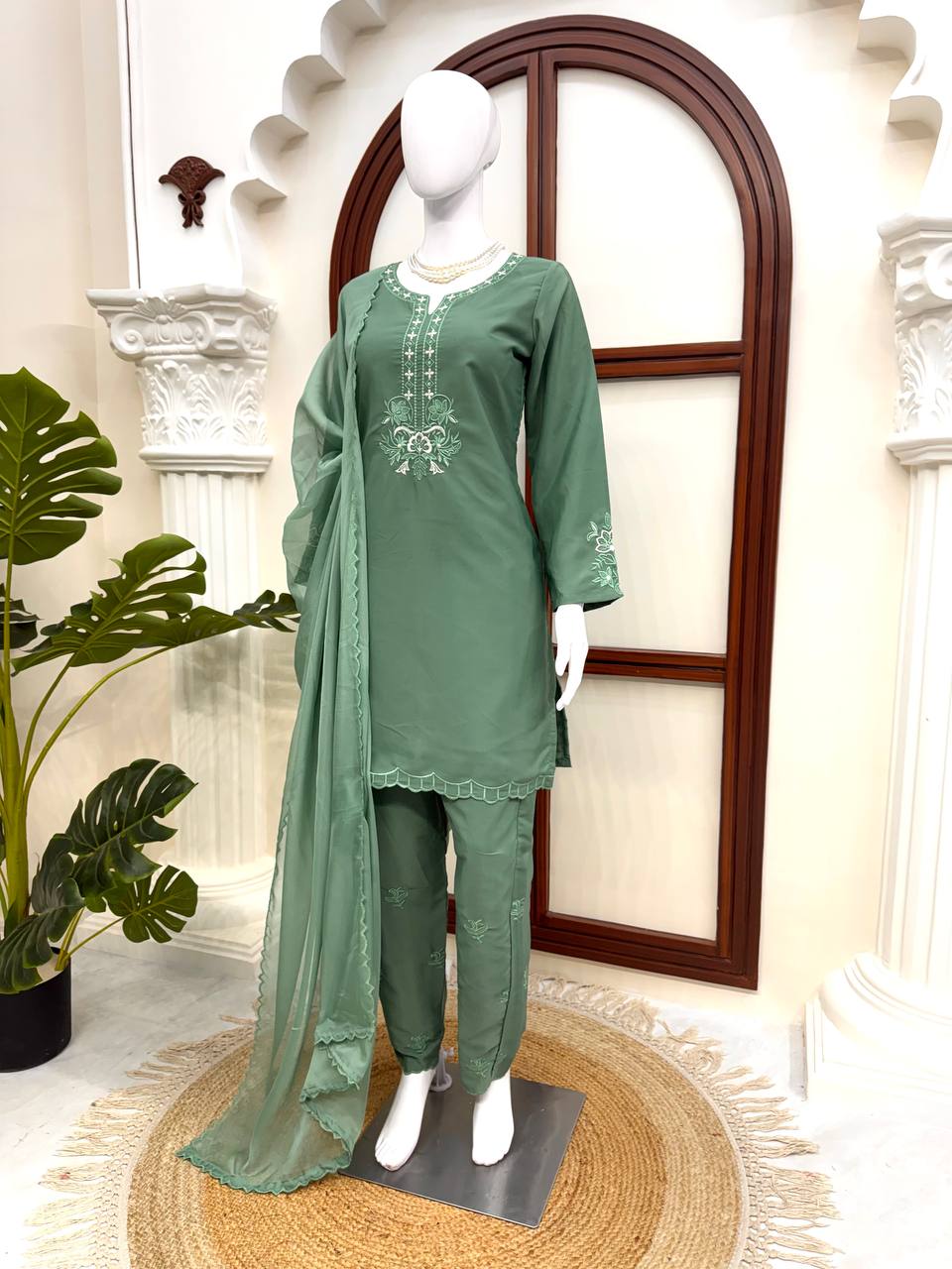 Anvika Royale American Silk Thread Embroidered Suit Set with Pant & Tibby Silk Cutwork Dupatta