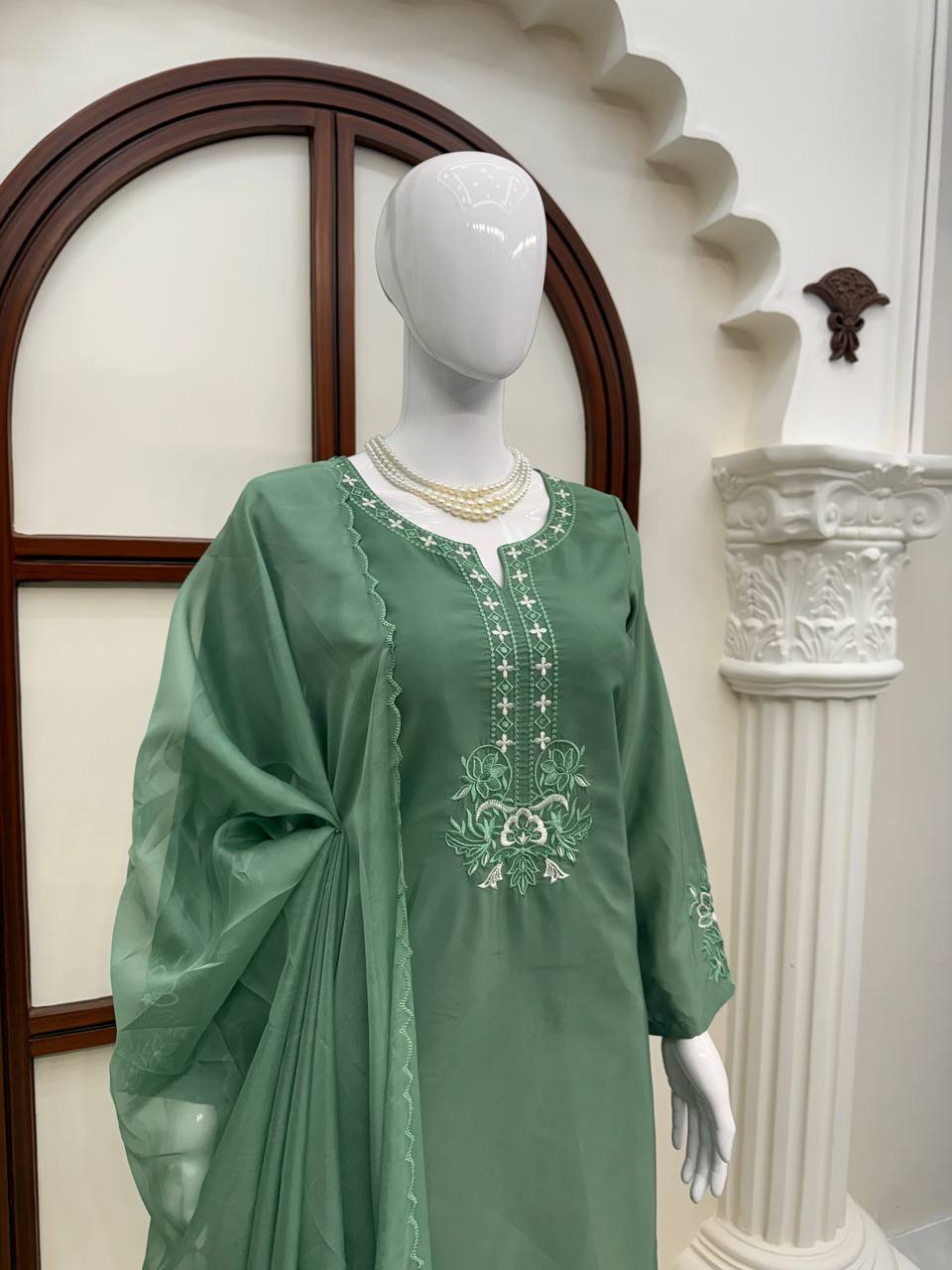 Anvika Royale American Silk Thread Embroidered Suit Set with Pant & Tibby Silk Cutwork Dupatta