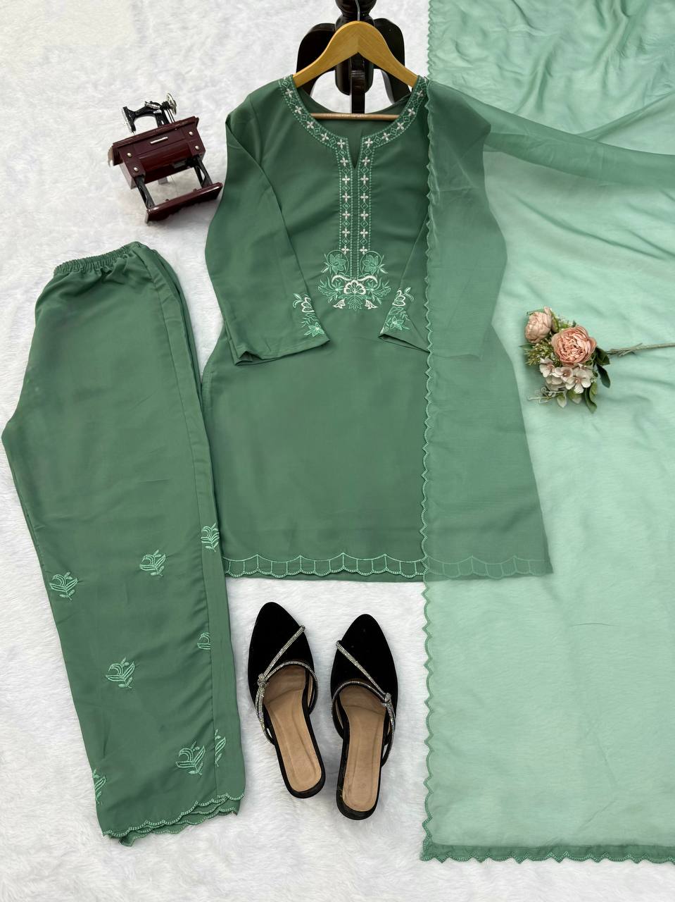 Anvika Royale American Silk Thread Embroidered Suit Set with Pant & Tibby Silk Cutwork Dupatta