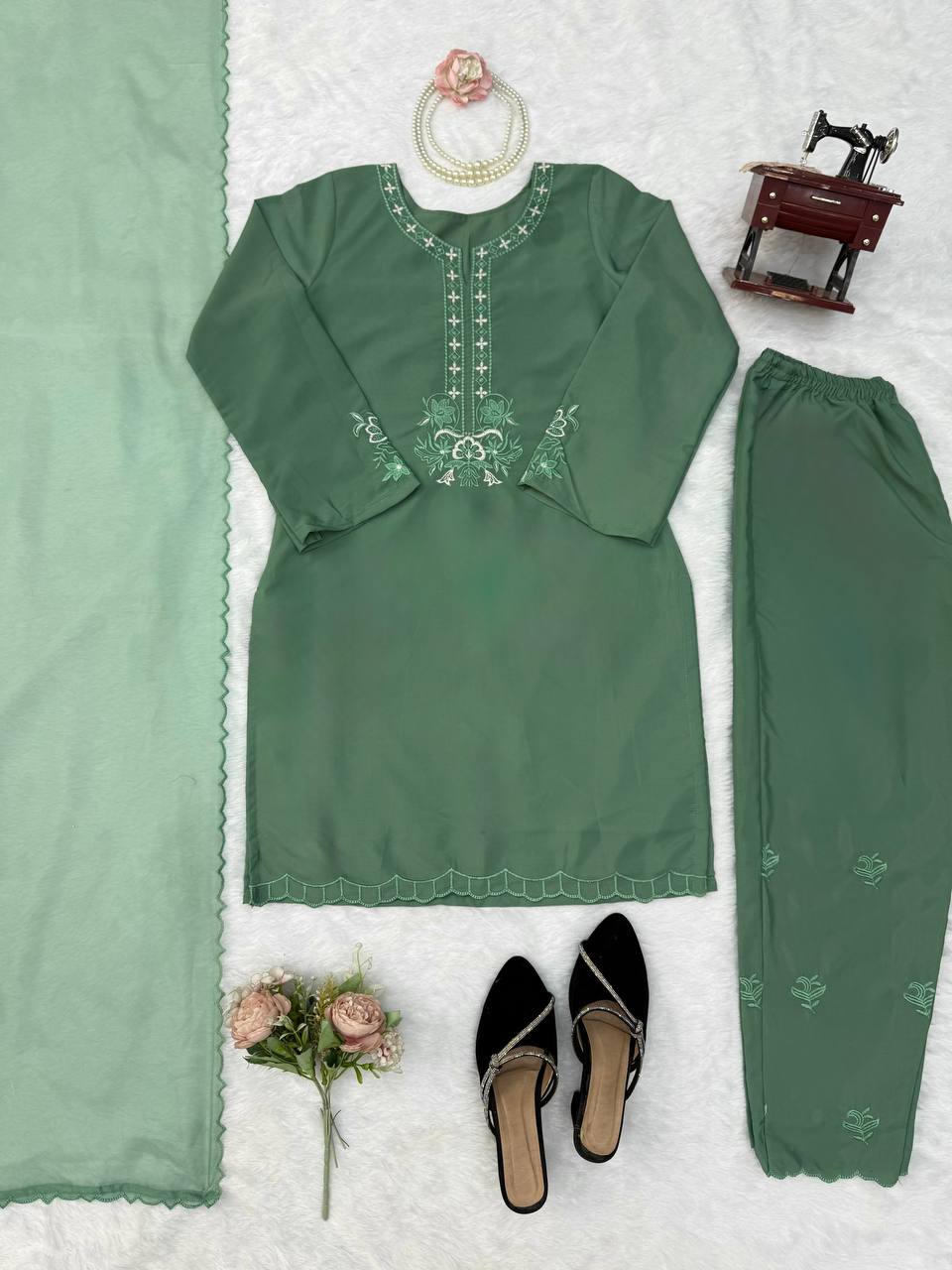 Anvika Royale American Silk Thread Embroidered Suit Set with Pant & Tibby Silk Cutwork Dupatta