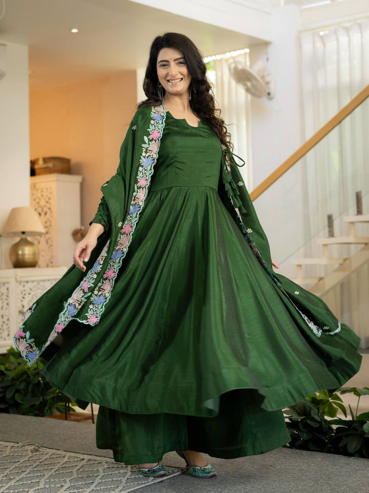 Zarmina Heavy NC Vichitra Silk Anarkali Suit with 3.8 Meter Flair, Sequin Embroidered Dupatta & Palazzo