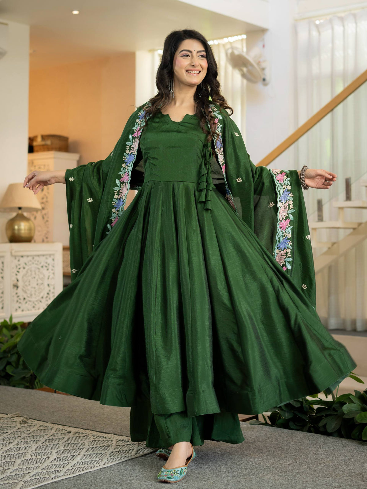 Zarmina Heavy NC Vichitra Silk Anarkali Suit with 3.8 Meter Flair, Sequin Embroidered Dupatta & Palazzo