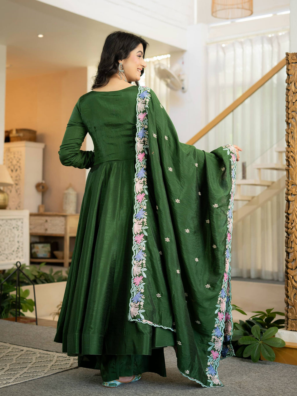 Zarmina Heavy NC Vichitra Silk Anarkali Suit with 3.8 Meter Flair, Sequin Embroidered Dupatta & Palazzo