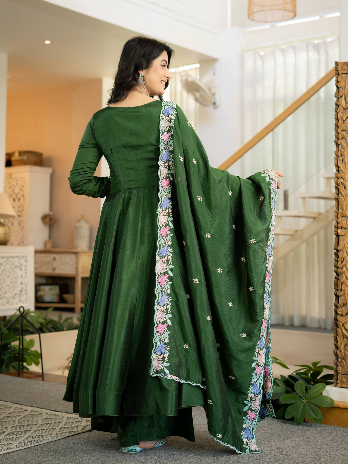 Zarmina Heavy NC Vichitra Silk Anarkali Suit with 3.8 Meter Flair, Sequin Embroidered Dupatta & Palazzo