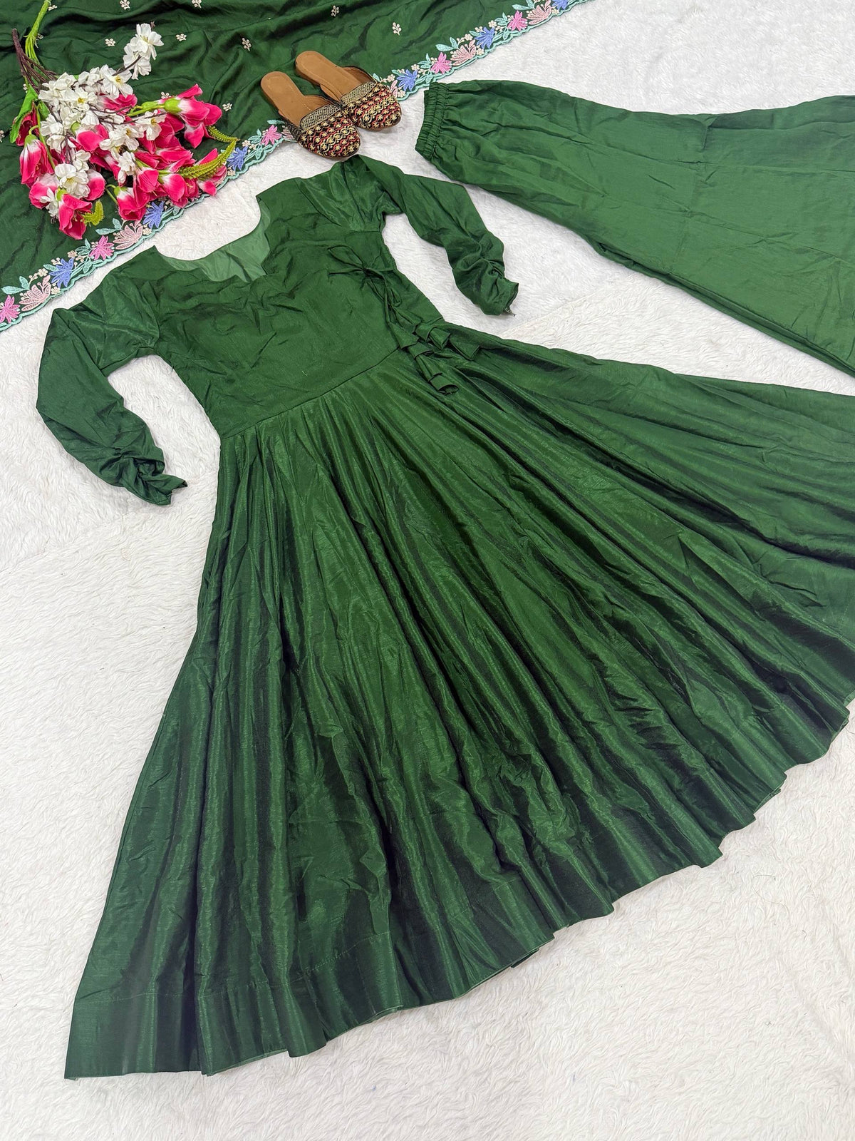 Zarmina Heavy NC Vichitra Silk Anarkali Suit with 3.8 Meter Flair, Sequin Embroidered Dupatta & Palazzo