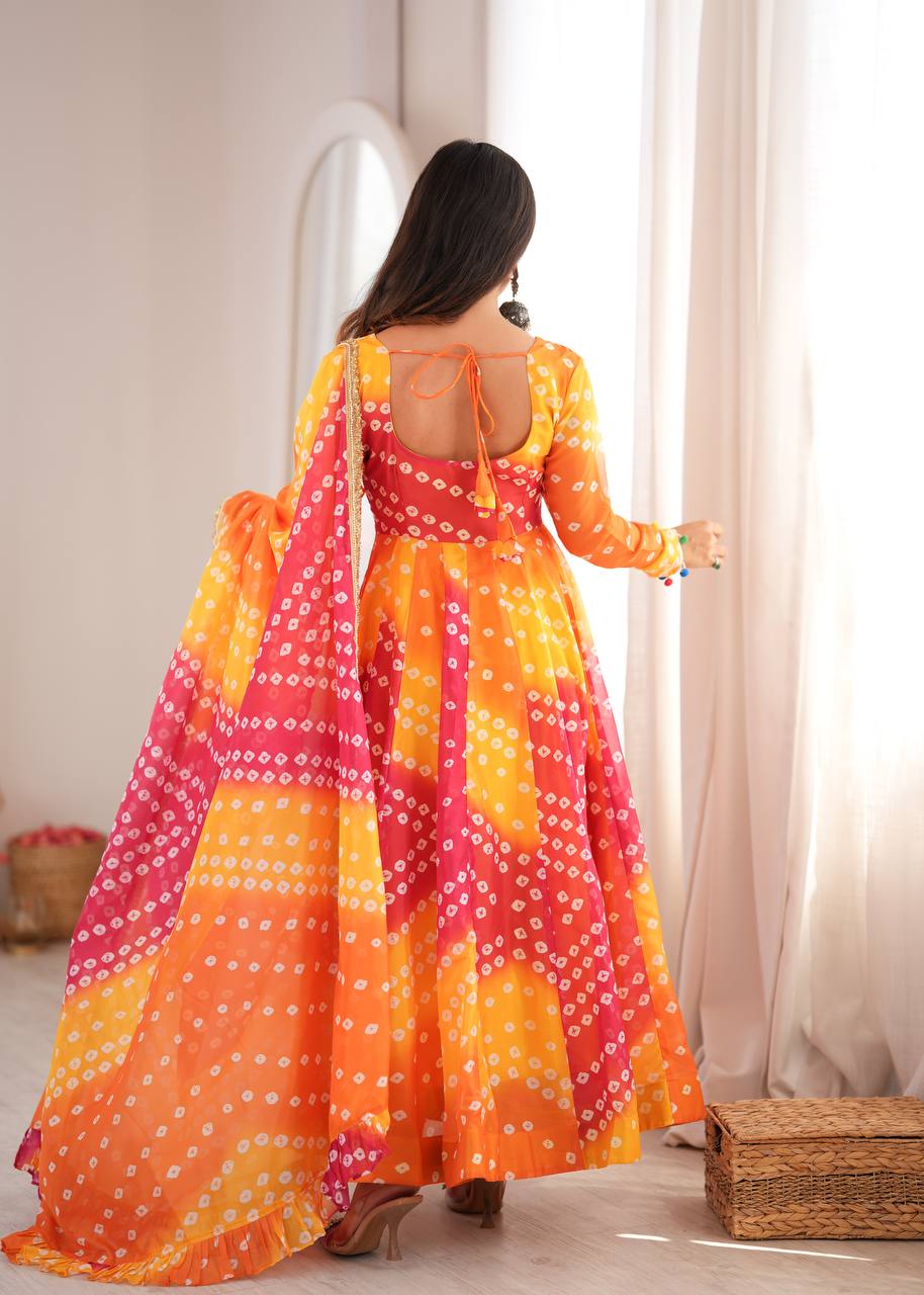 Vaishnavi Printed Tebby Organza Flared Anarkali with Pant & Dupatta Set
