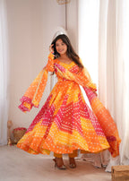 Vaishnavi Printed Tebby Organza Flared Anarkali with Pant & Dupatta Set