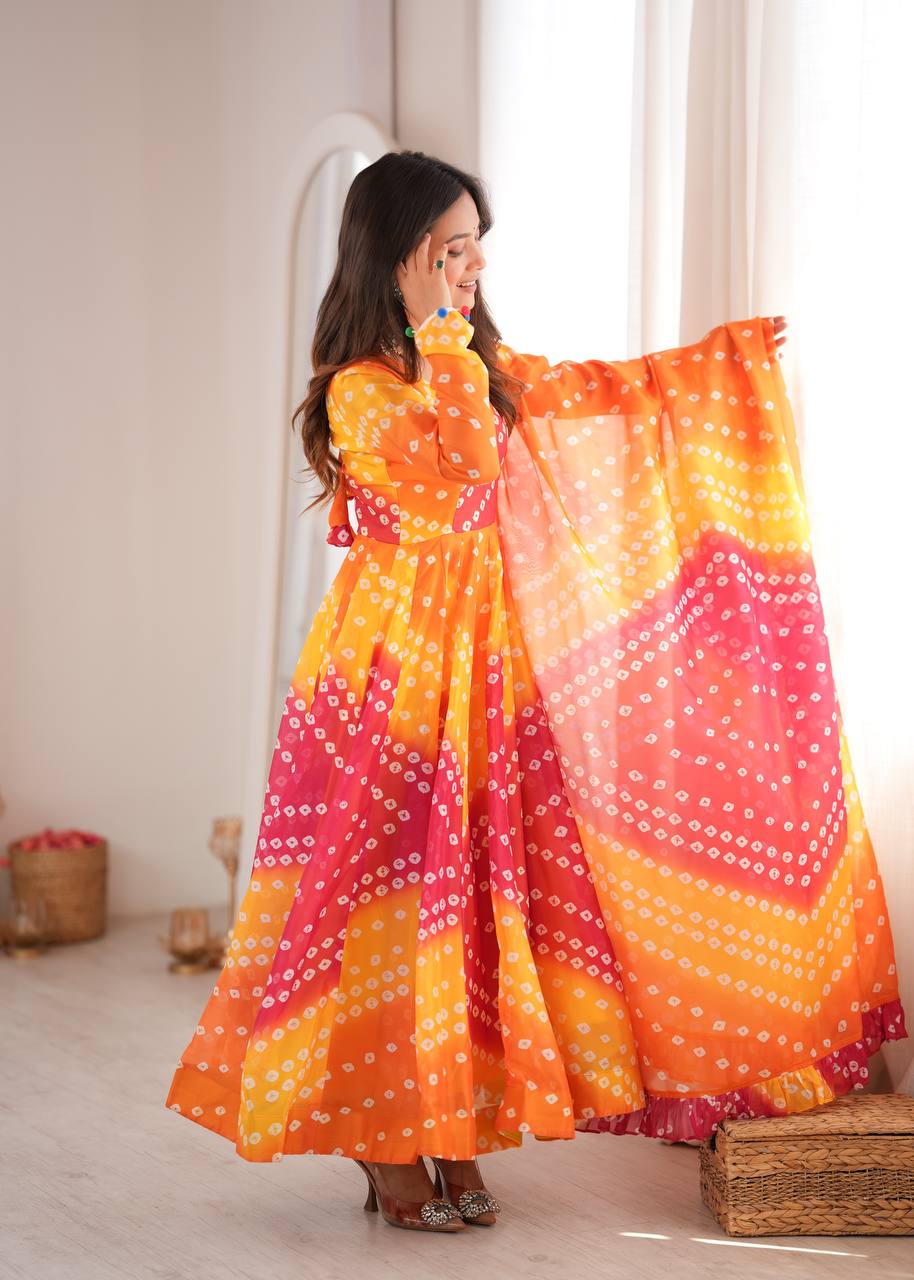 Vaishnavi Printed Tebby Organza Flared Anarkali with Pant & Dupatta Set