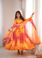 Vaishnavi Printed Tebby Organza Flared Anarkali with Pant & Dupatta Set