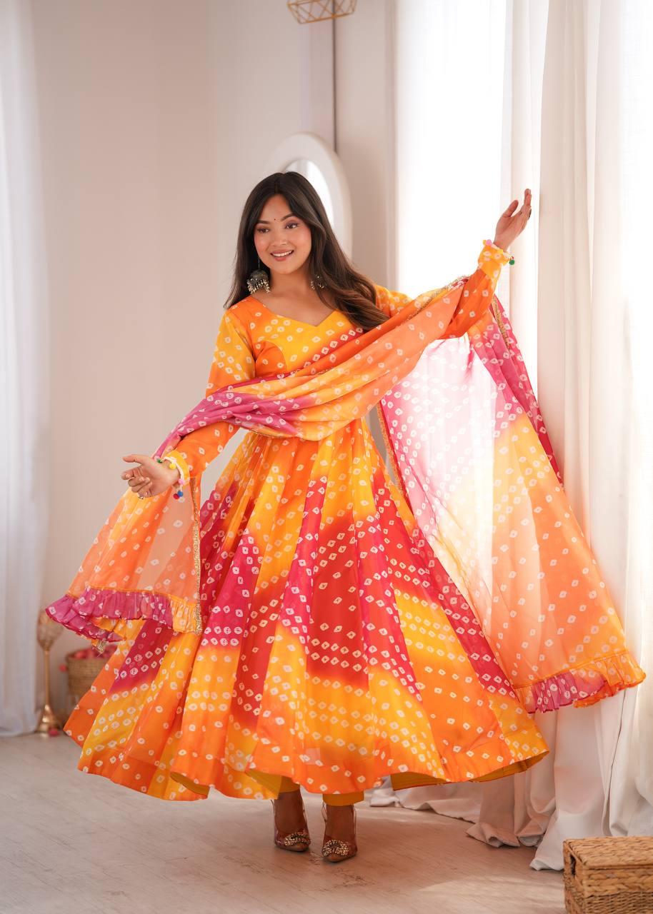 Vaishnavi Printed Tebby Organza Flared Anarkali with Pant & Dupatta Set