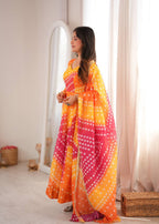 Vaishnavi Printed Tebby Organza Flared Anarkali with Pant & Dupatta Set