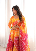 Vaishnavi Printed Tebby Organza Flared Anarkali with Pant & Dupatta Set