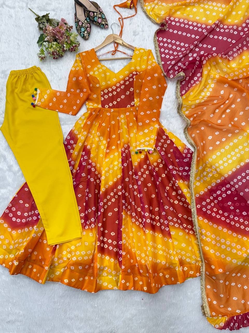 Vaishnavi Printed Tebby Organza Flared Anarkali with Pant & Dupatta Set