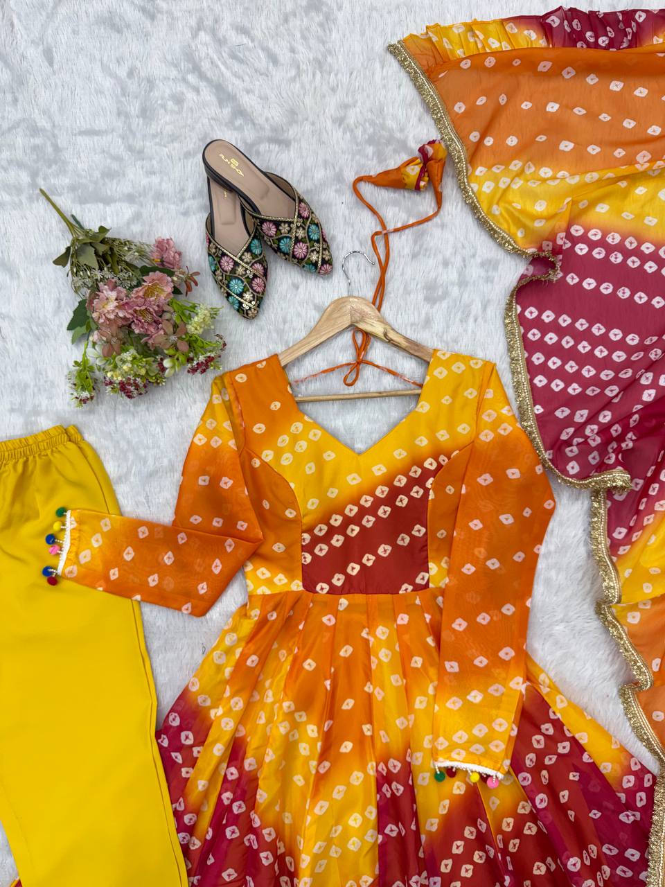Vaishnavi Printed Tebby Organza Flared Anarkali with Pant & Dupatta Set