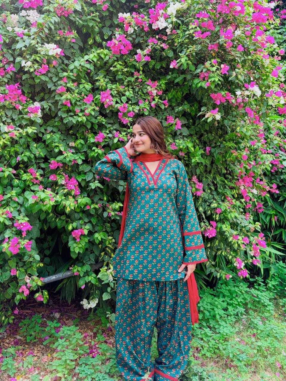 Noorani Heavy Pure Natural Crepe Farshi Pant Suit with Fancy Sleeves & Nazmin Dupatta