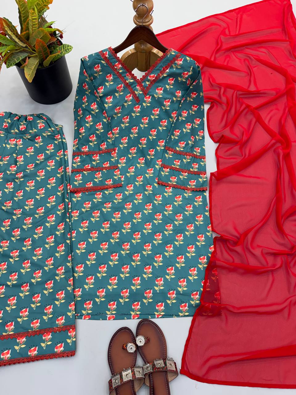 Noorani Heavy Pure Natural Crepe Farshi Pant Suit with Fancy Sleeves & Nazmin Dupatta