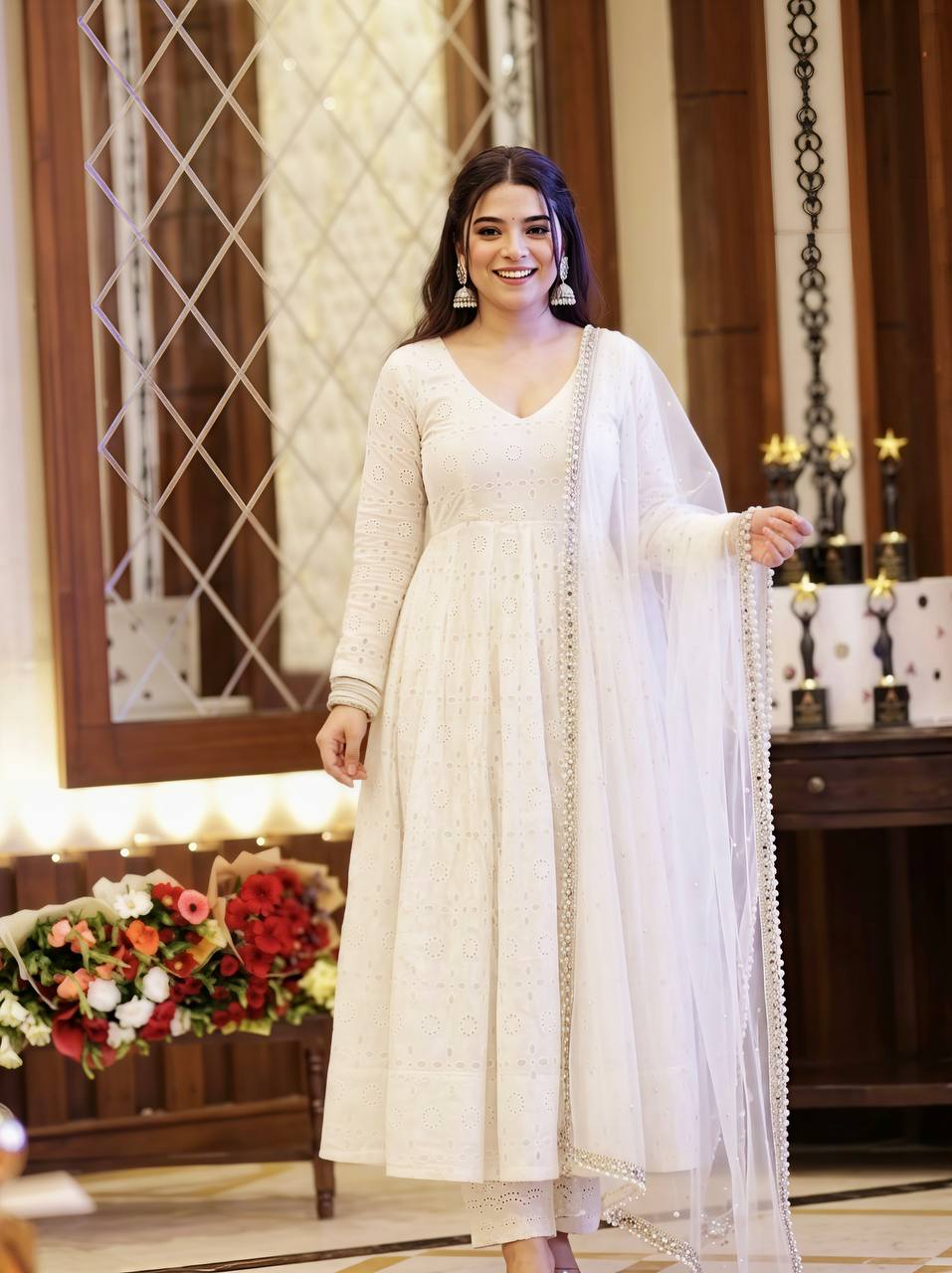 Mahira Pure Cotton Embroidered Anarkali with Khadi Cotton Pant & Fancy Butterfly Net Dupatta
