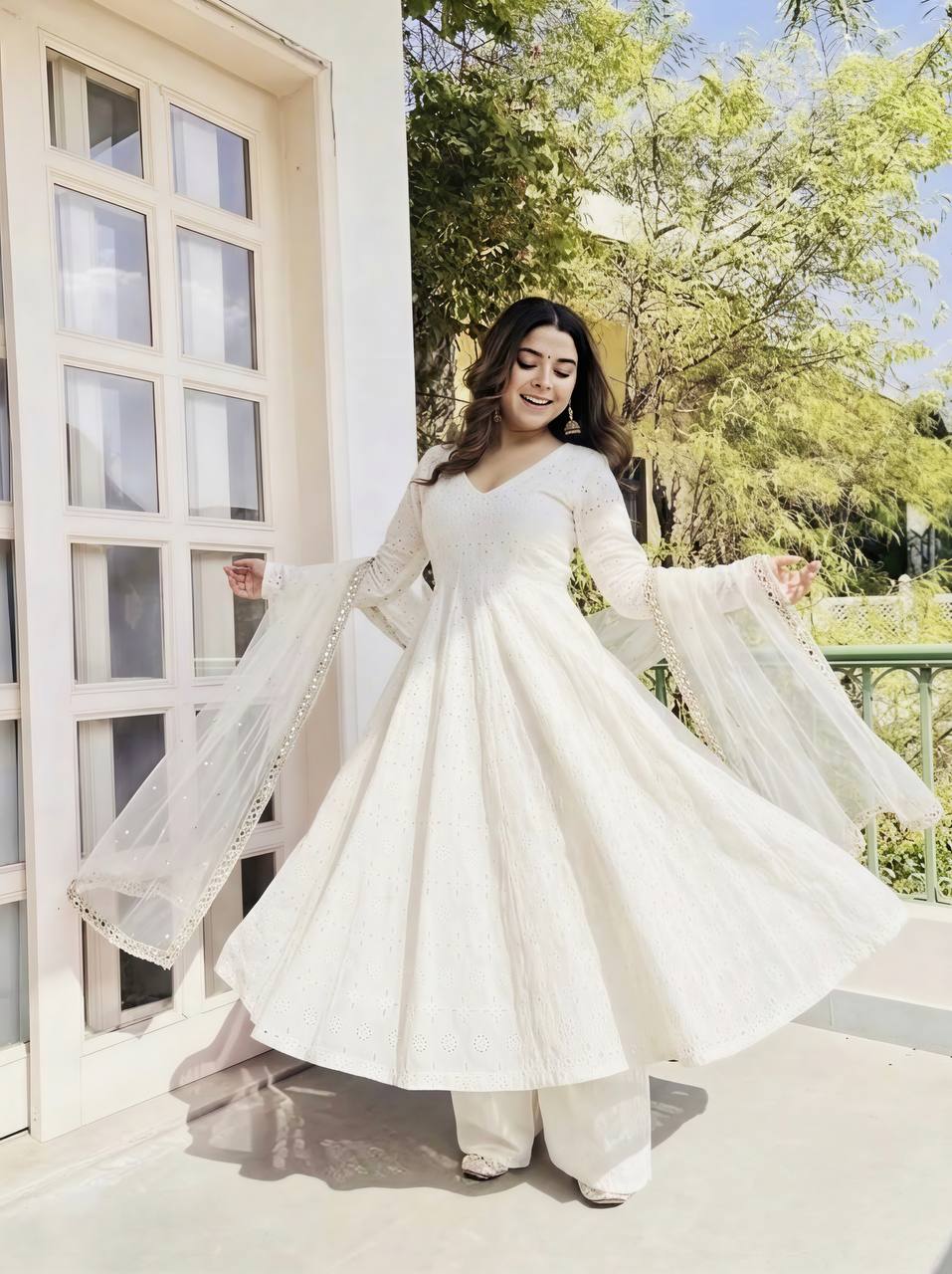 Mahira Pure Cotton Embroidered Anarkali with Khadi Cotton Pant & Fancy Butterfly Net Dupatta