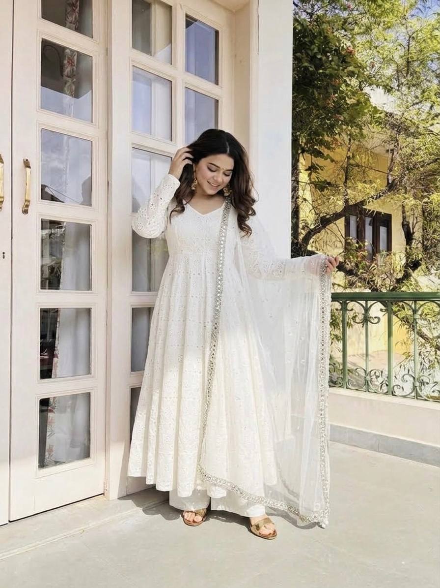 Mahira Pure Cotton Embroidered Anarkali with Khadi Cotton Pant & Fancy Butterfly Net Dupatta