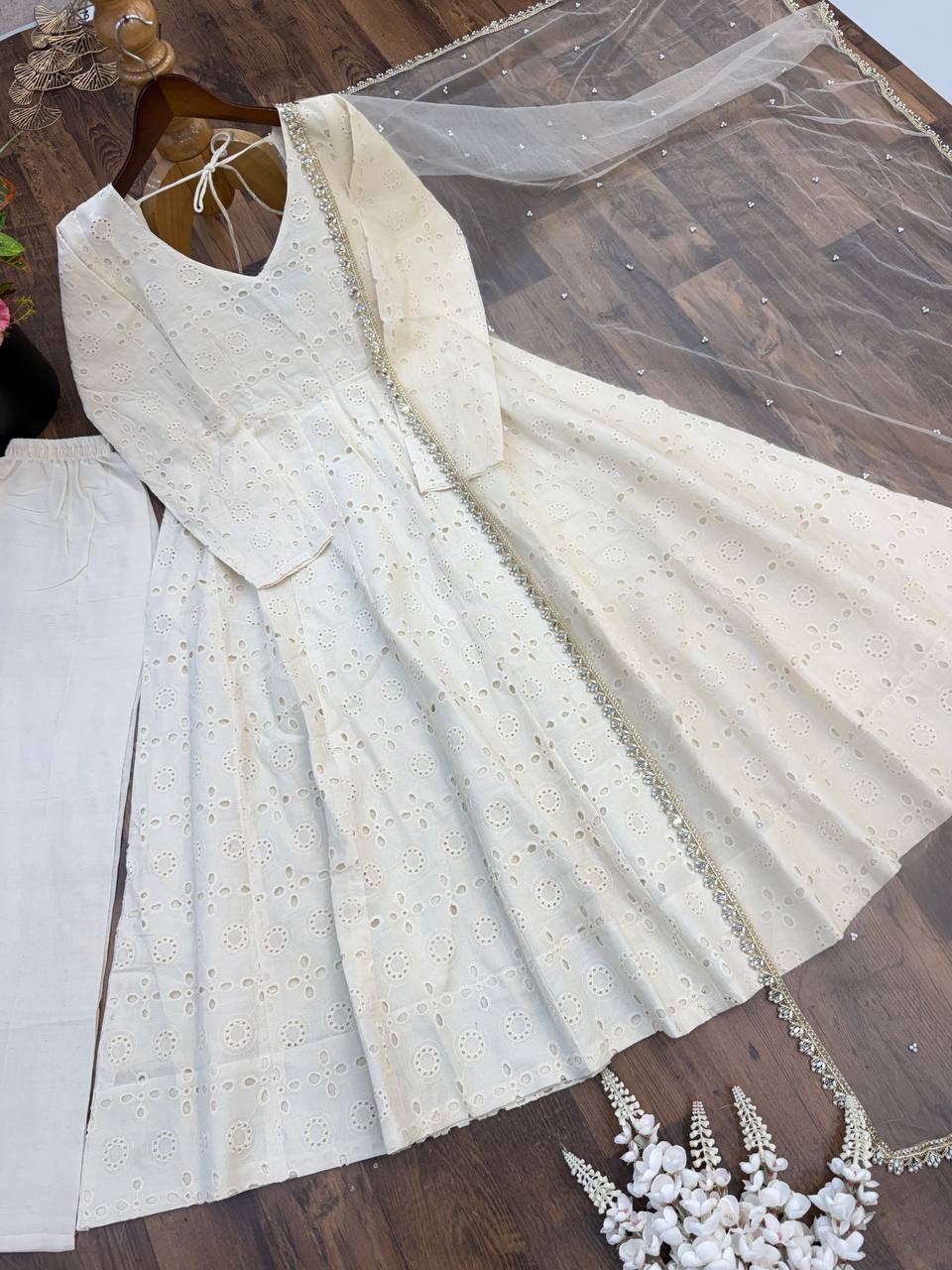 Mahira Pure Cotton Embroidered Anarkali with Khadi Cotton Pant & Fancy Butterfly Net Dupatta