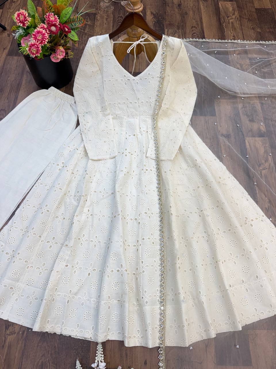 Mahira Pure Cotton Embroidered Anarkali with Khadi Cotton Pant & Fancy Butterfly Net Dupatta
