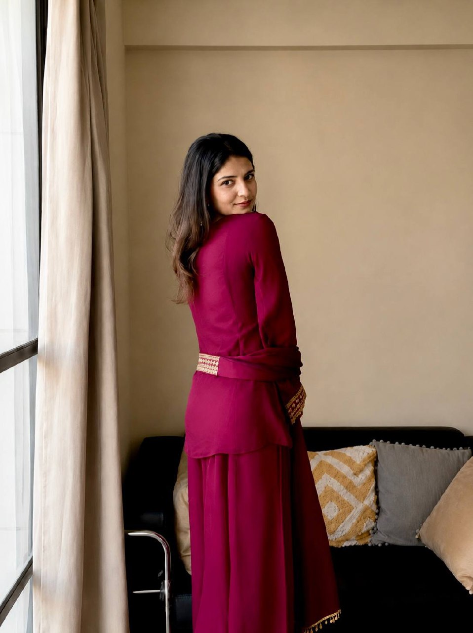 Ishvika Vichitra Silk 5mm Sequins, Zari & Thread Embroidered Kurti with Palazzo & Double Draped Dupatta