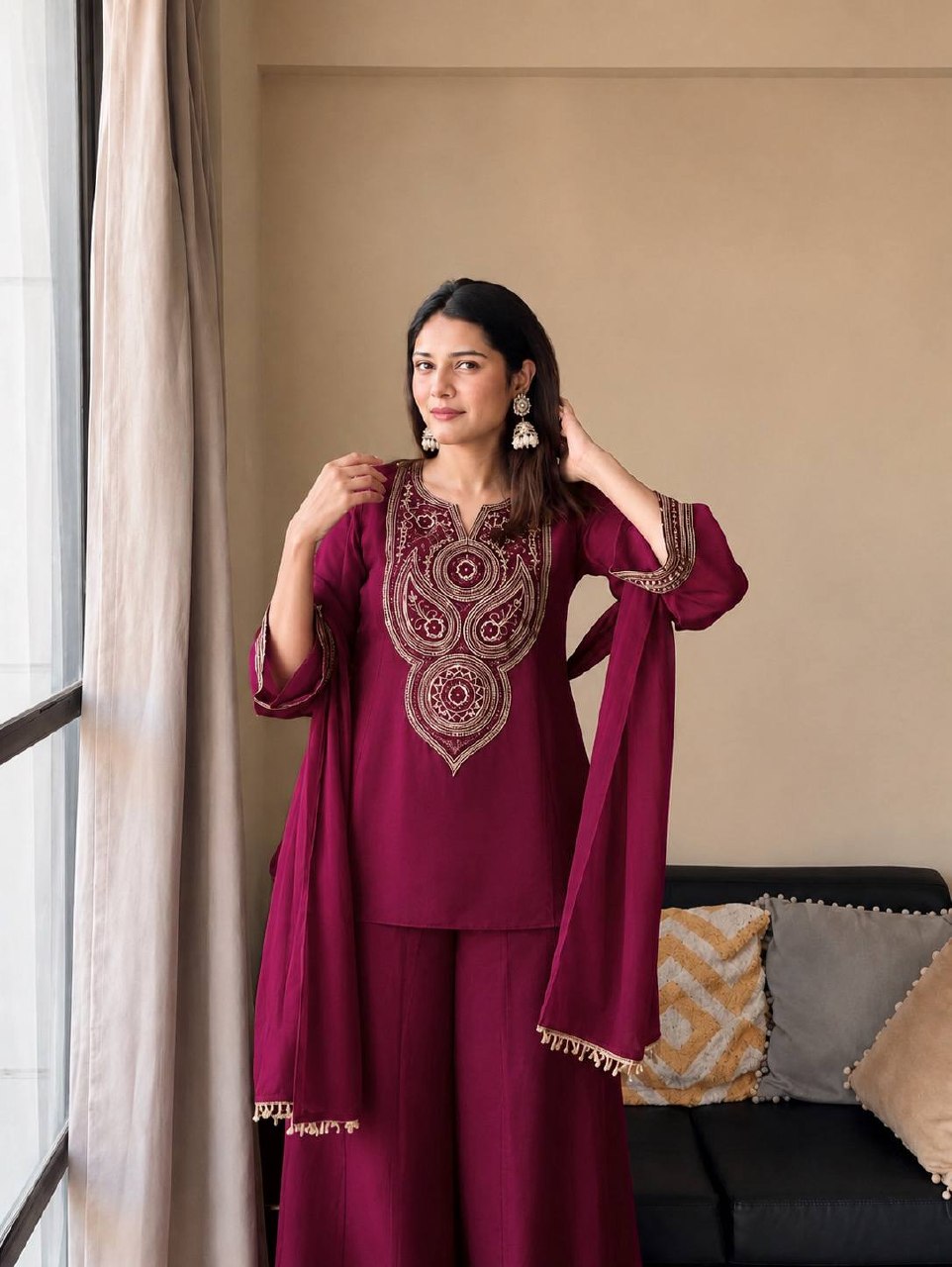 Ishvika Vichitra Silk 5mm Sequins, Zari & Thread Embroidered Kurti with Palazzo & Double Draped Dupatta