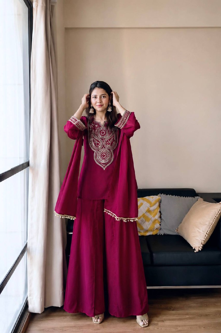 Ishvika Vichitra Silk 5mm Sequins, Zari & Thread Embroidered Kurti with Palazzo & Double Draped Dupatta