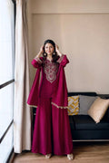 Ishvika Vichitra Silk 5mm Sequins, Zari & Thread Embroidered Kurti with Palazzo & Double Draped Dupatta