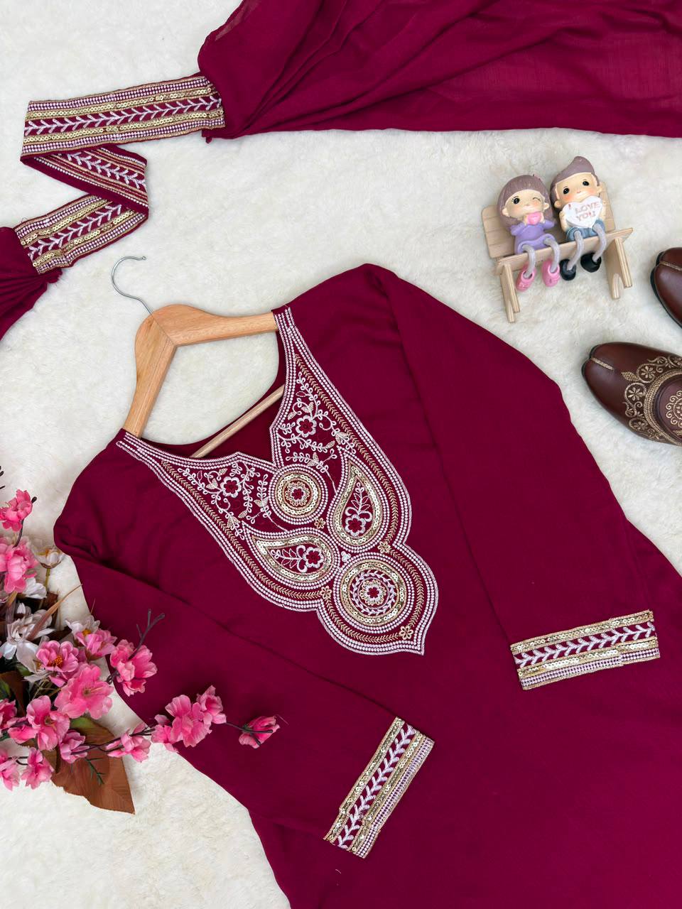 Ishvika Vichitra Silk 5mm Sequins, Zari & Thread Embroidered Kurti with Palazzo & Double Draped Dupatta