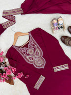 Ishvika Vichitra Silk 5mm Sequins, Zari & Thread Embroidered Kurti with Palazzo & Double Draped Dupatta