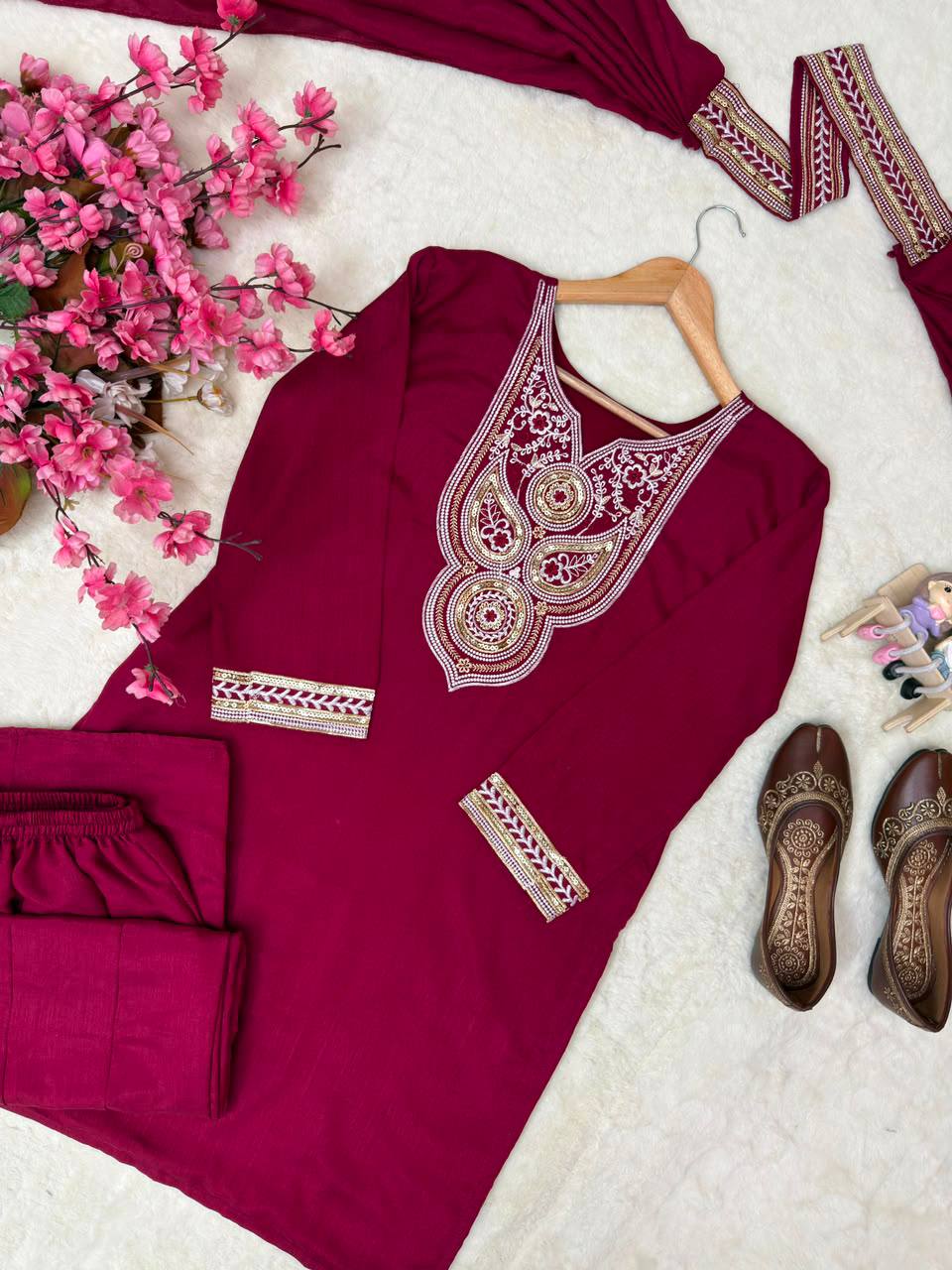 Ishvika Vichitra Silk 5mm Sequins, Zari & Thread Embroidered Kurti with Palazzo & Double Draped Dupatta