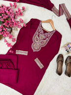 Ishvika Vichitra Silk 5mm Sequins, Zari & Thread Embroidered Kurti with Palazzo & Double Draped Dupatta