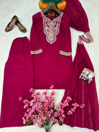 Ishvika Vichitra Silk 5mm Sequins, Zari & Thread Embroidered Kurti with Palazzo & Double Draped Dupatta