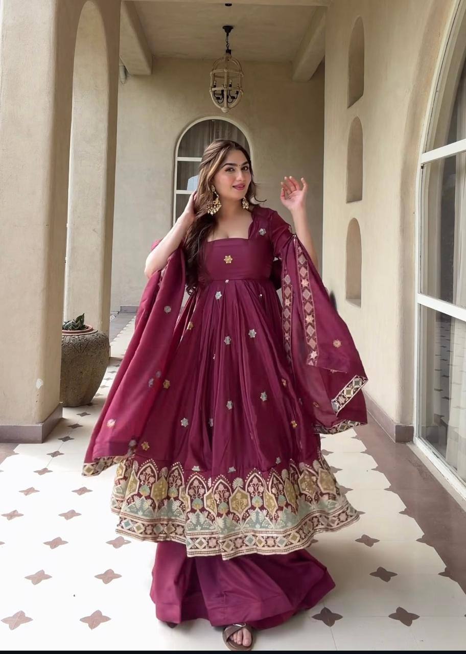 Ruhanika Heritage Heavy Natural Crepe Silk Embroidered Anarkali Suit Set with Palazzo & Dupatta