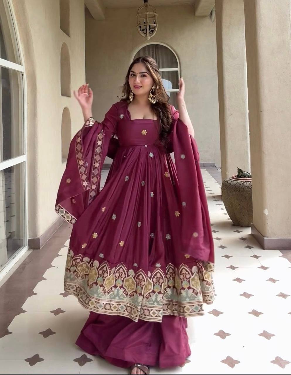 Ruhanika Heritage Heavy Natural Crepe Silk Embroidered Anarkali Suit Set with Palazzo & Dupatta