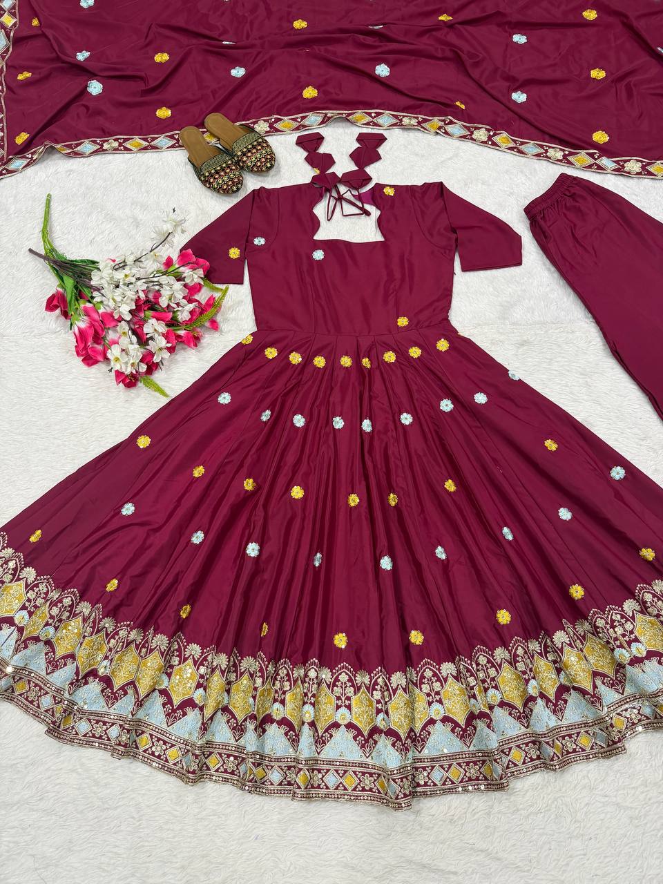 Ruhanika Heritage Heavy Natural Crepe Silk Embroidered Anarkali Suit Set with Palazzo & Dupatta