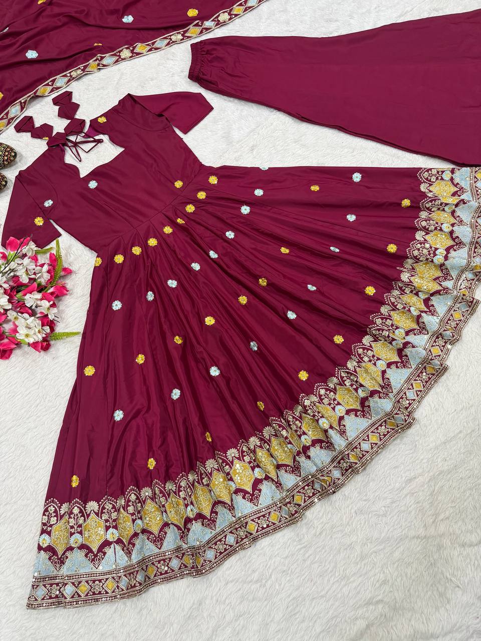Ruhanika Heritage Heavy Natural Crepe Silk Embroidered Anarkali Suit Set with Palazzo & Dupatta