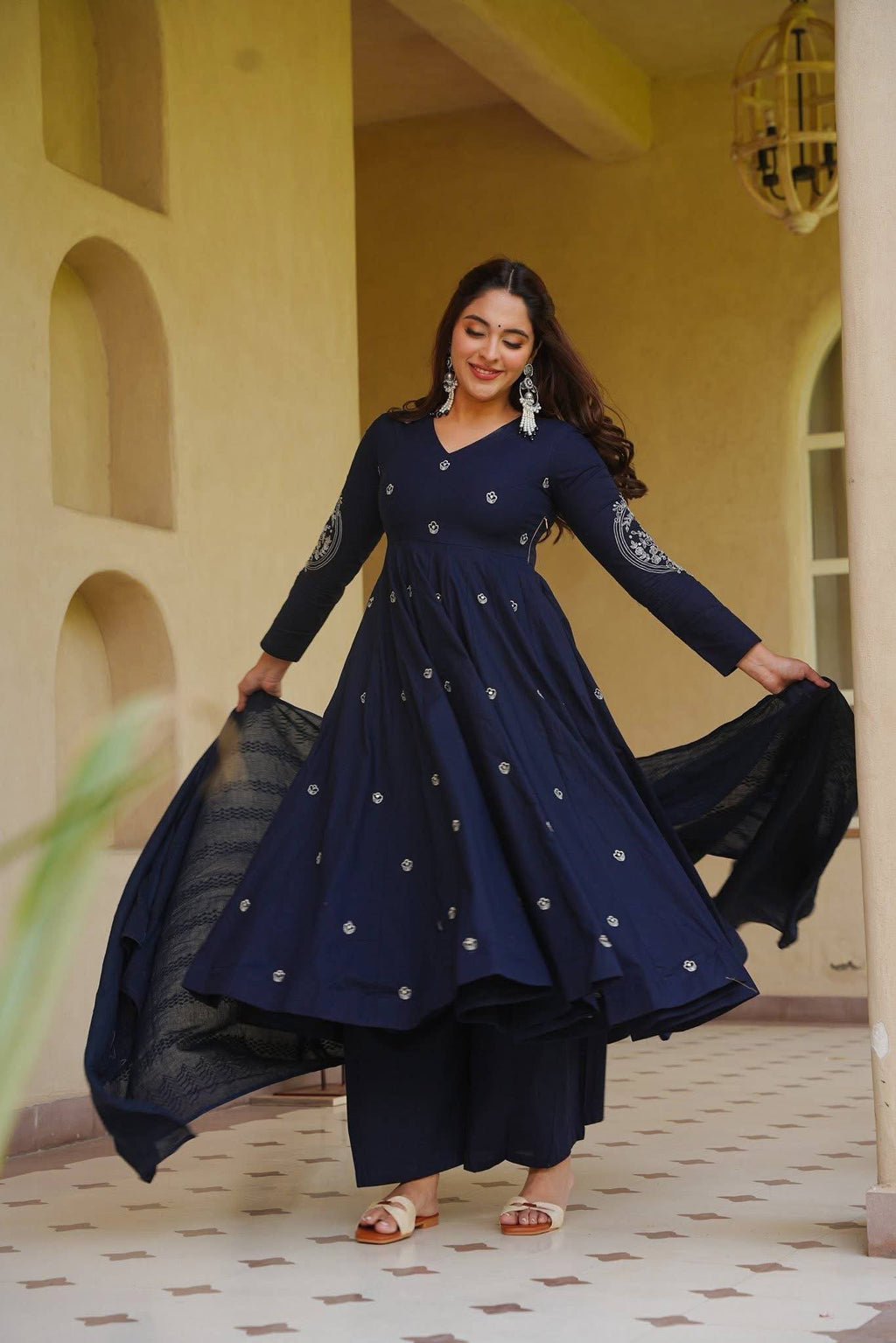 Ruhani Heavy Roman Silk Embroidered Anarkali with Palazzo & Faux Georgette Dupatta Set