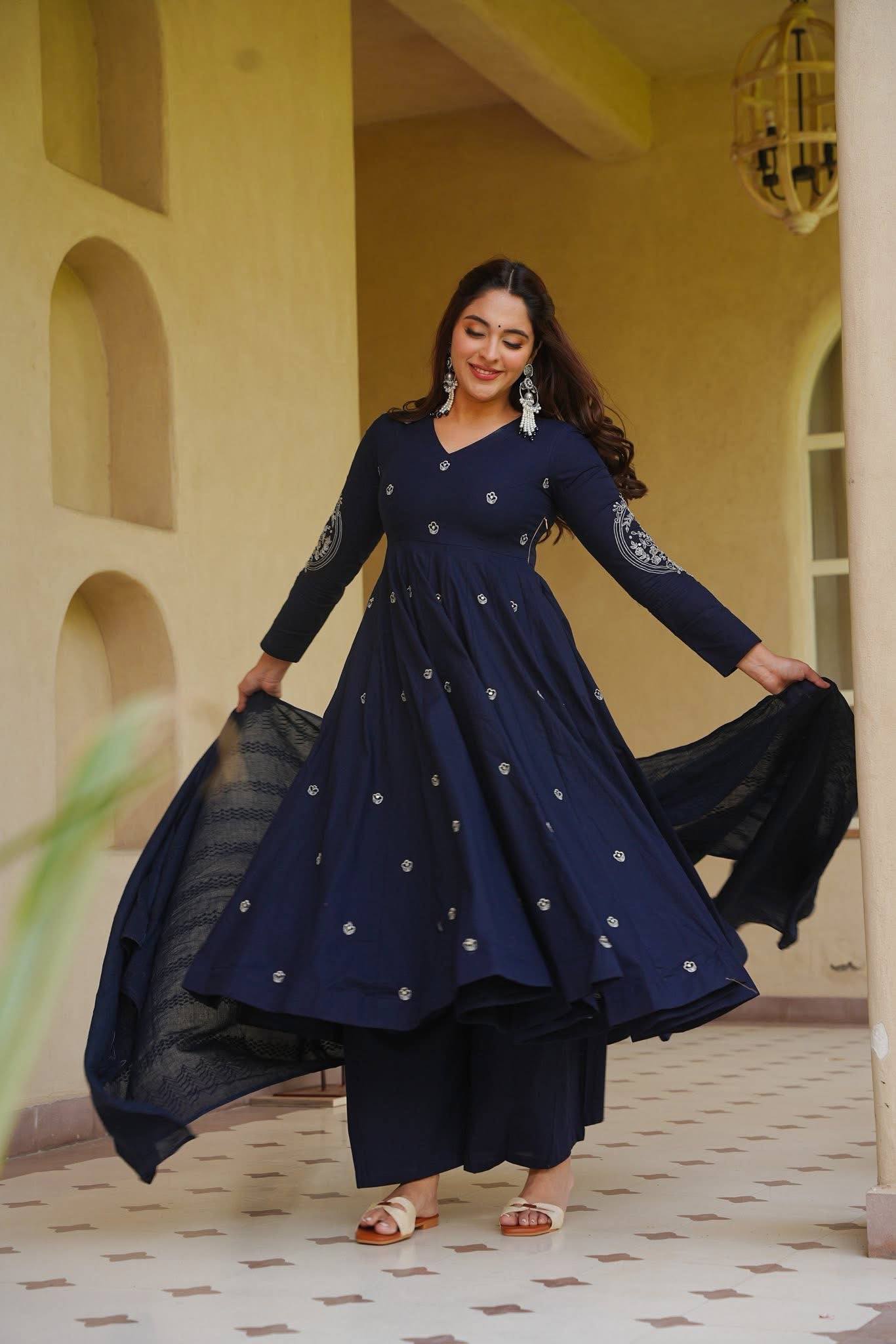 Ruhani Heavy Roman Silk Embroidered Anarkali with Palazzo & Faux Georgette Dupatta Set