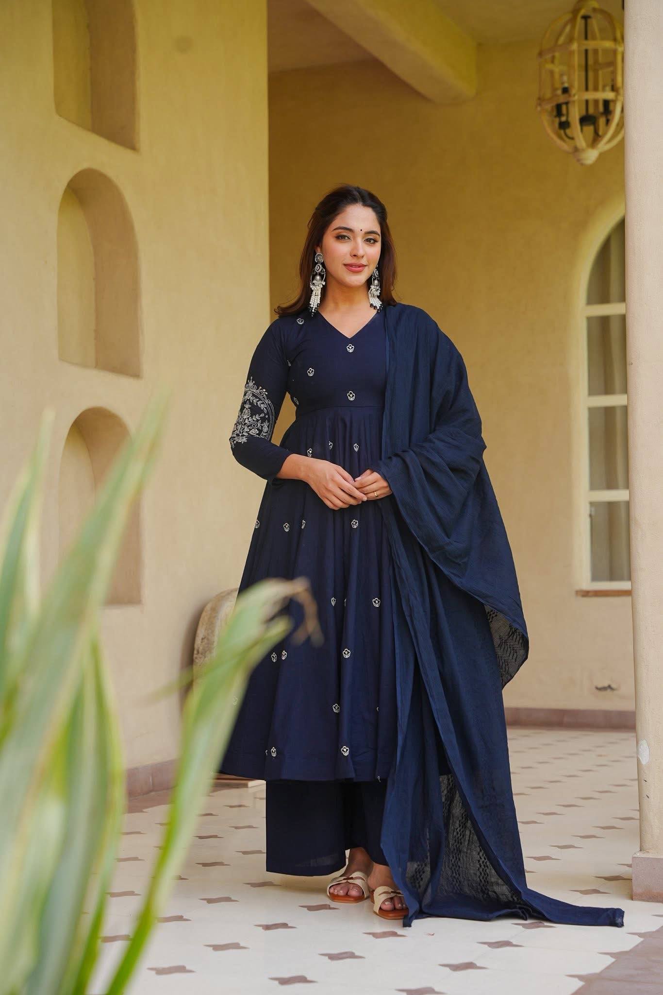 Ruhani Heavy Roman Silk Embroidered Anarkali with Palazzo & Faux Georgette Dupatta Set