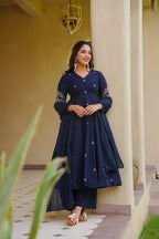 Ruhani Heavy Roman Silk Embroidered Anarkali with Palazzo & Faux Georgette Dupatta Set