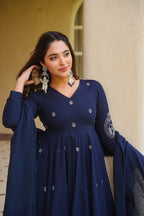 Ruhani Heavy Roman Silk Embroidered Anarkali with Palazzo & Faux Georgette Dupatta Set