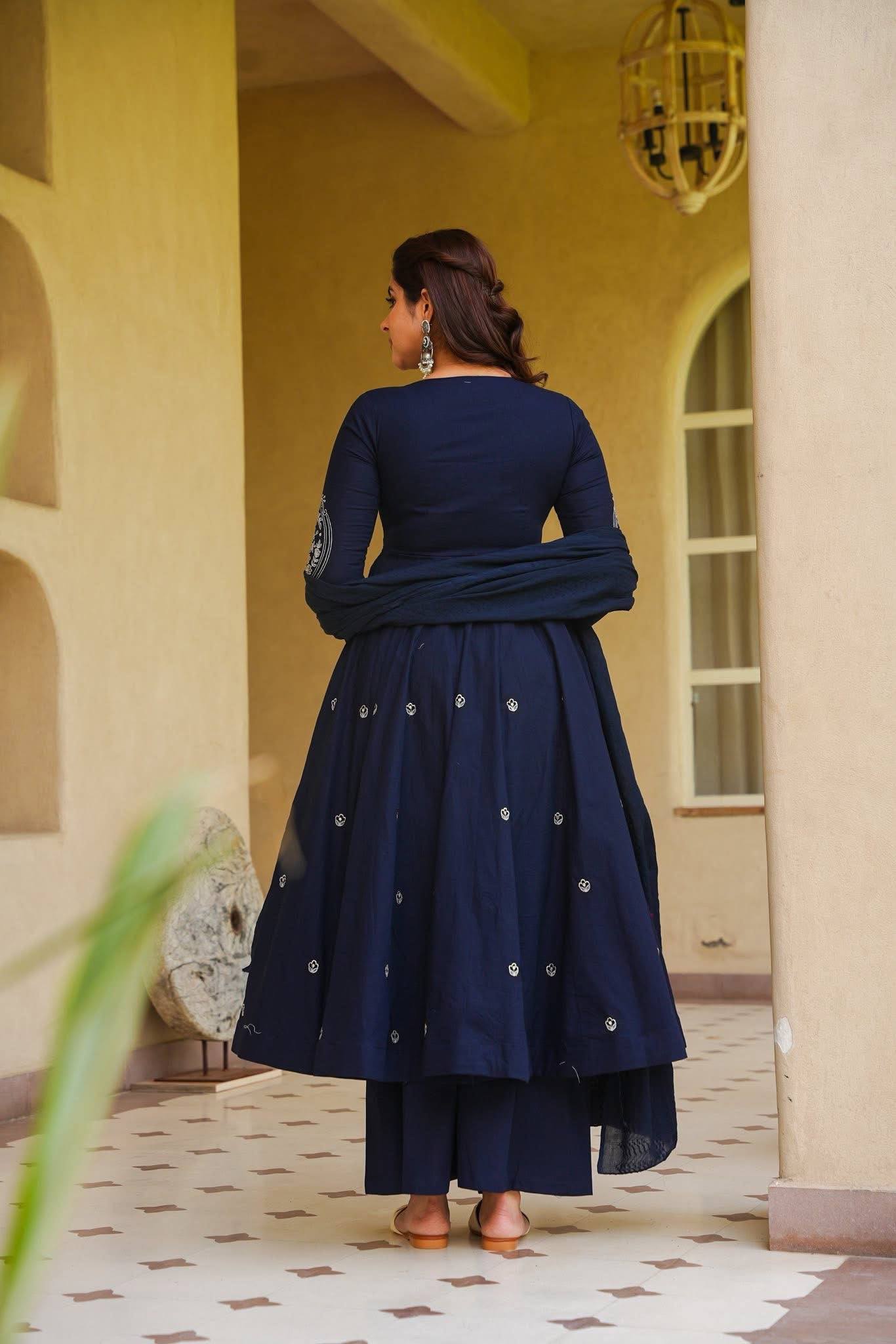 Ruhani Heavy Roman Silk Embroidered Anarkali with Palazzo & Faux Georgette Dupatta Set